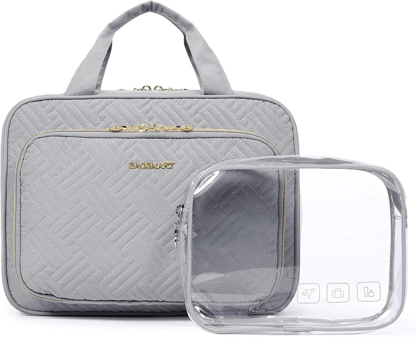 BAGSMART Toiletry Bag Hanging Travel Makeup Organizer with TSA Approved Transparent Cosmetic Bag Makeup Bag for Full Sized Toiletries, Large-Grey
