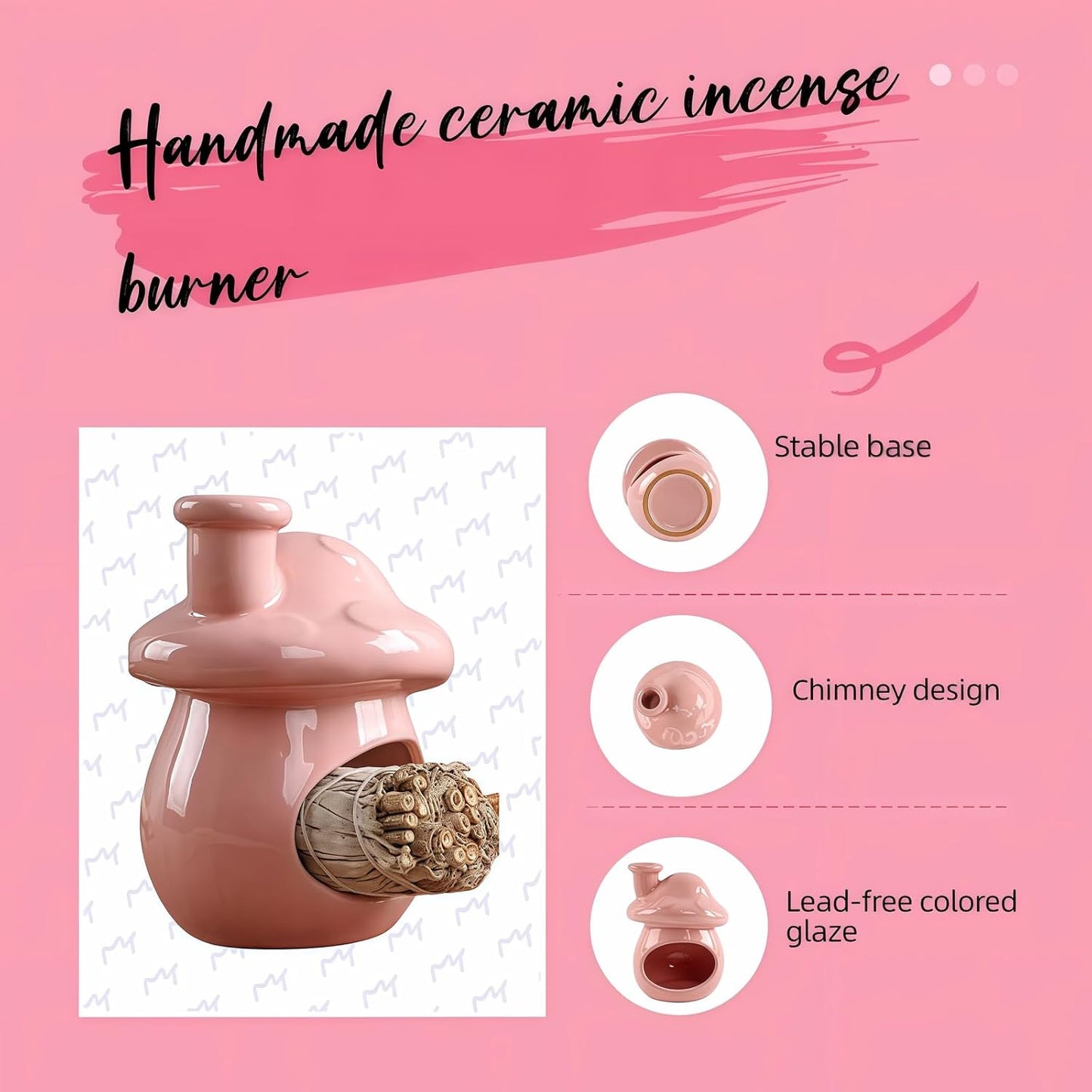 Mushroom Incense Holder, Pink Ceramic Palo Santo Holder Burner & Sage Holder - Mini Tabletop Chiminea Burner Tray with Ash Catcher, Cute Mushroom Decorations for Spiritual Meditation & Yoga