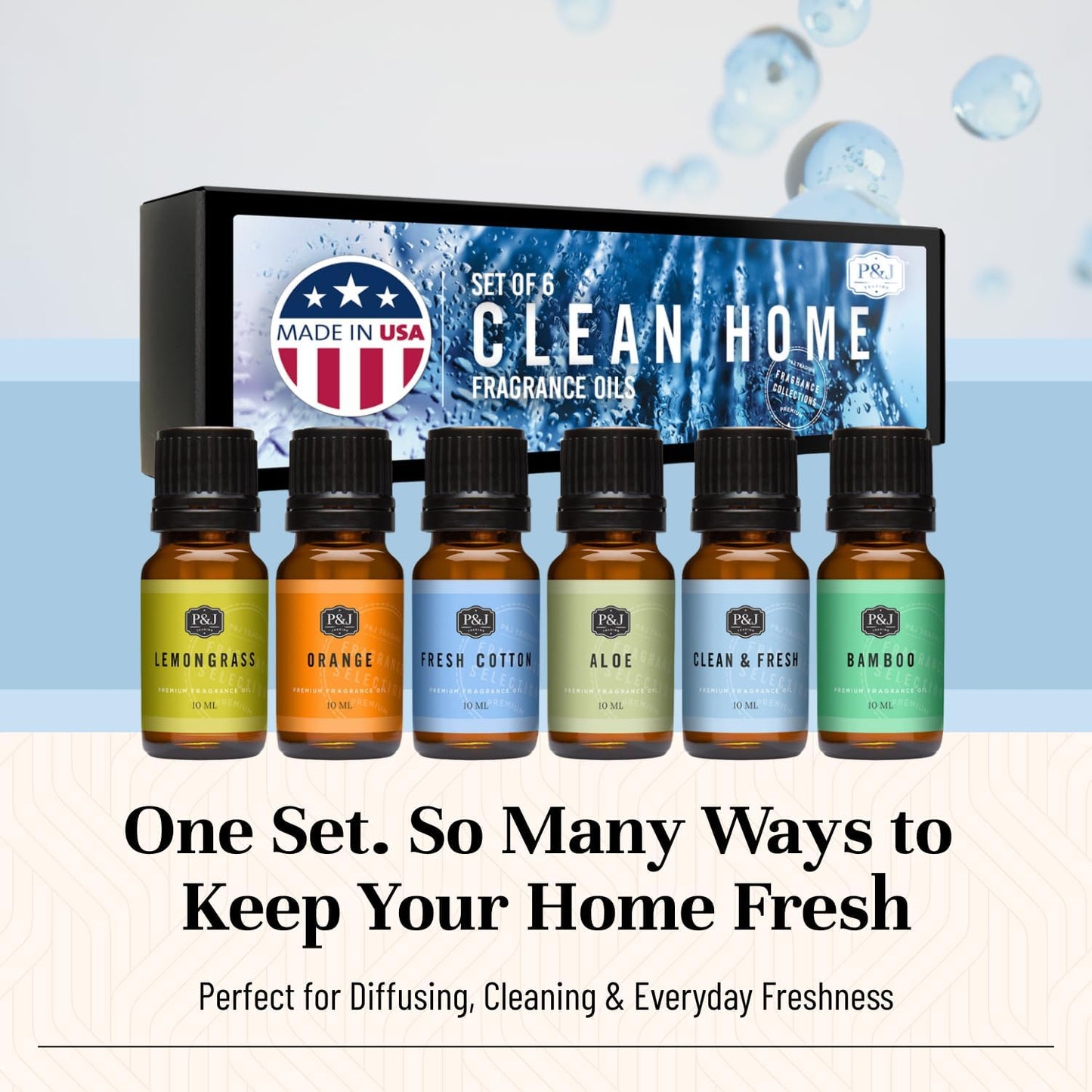 P&J Fragrance Oil Clean Home Set | Lemongrass, Fresh Cotton, Clean & Fresh, Aloe, Bamboo, Orange Candle Scents for Candle Making, Freshie Scent, Soap Making Supplies, Diffuser Oil Scents