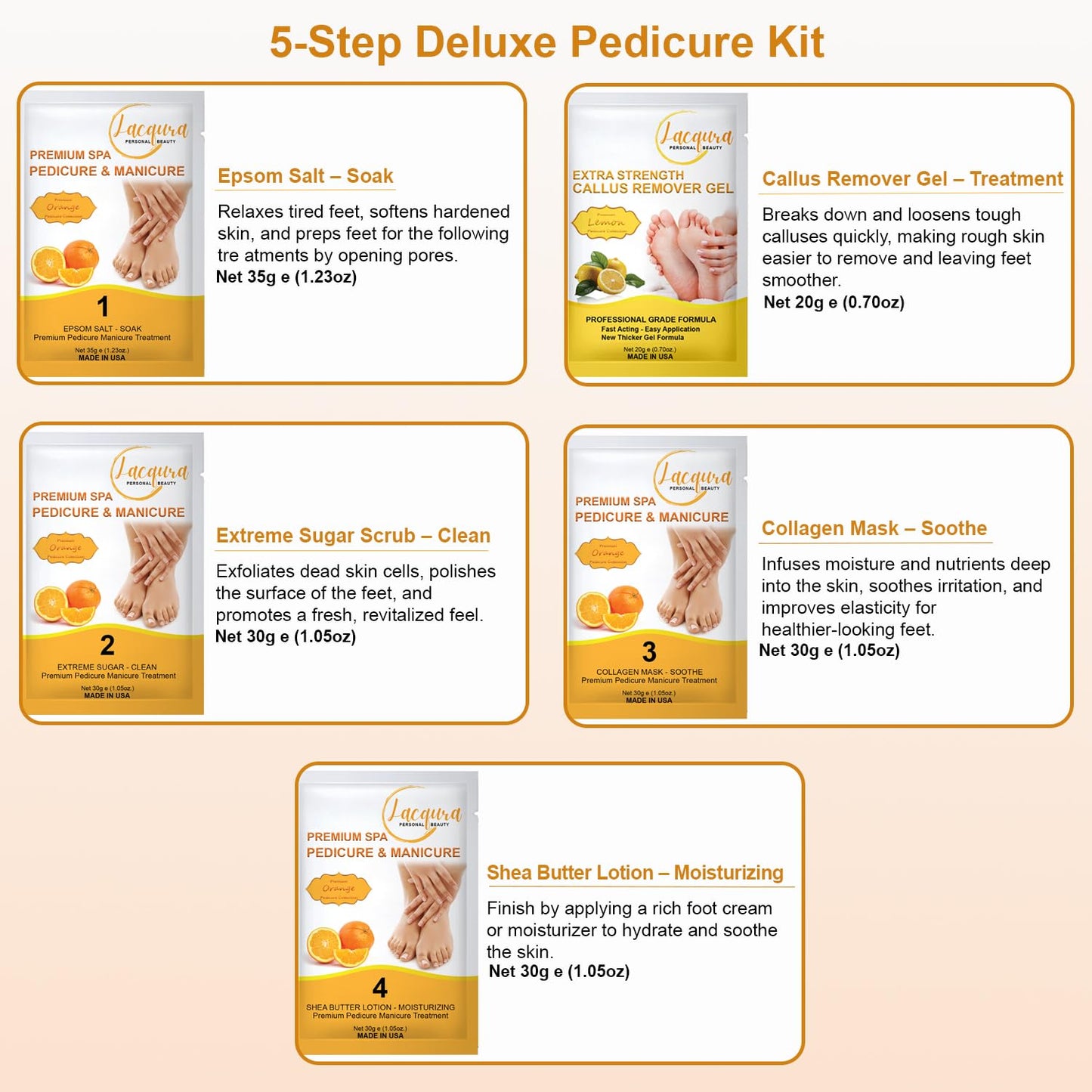 Epsom Salt Soak, Callus Remover Gel, Extreme Sugar Scrub, Collagen Mask & Shea Butter Lotion – Professional Spa Foot Care System 5 Step Luxury Pedicure Kit. Orange 03 Set