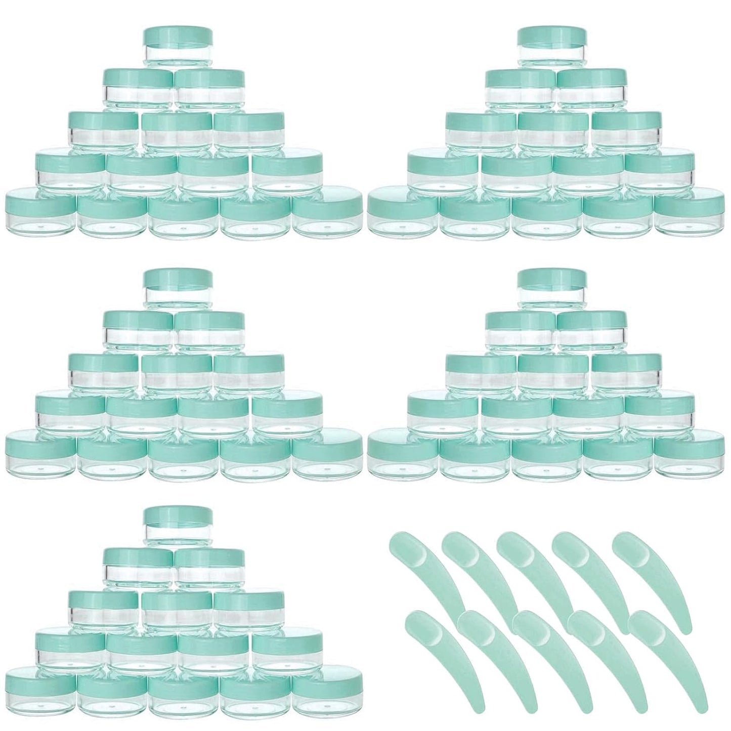 Refillable Cosmetic Sample Jars - 100 Pack 10g (0.35oz) Green Small Travel Containers with Lids + 10 Mini Makeup Spatulas - BPA Free