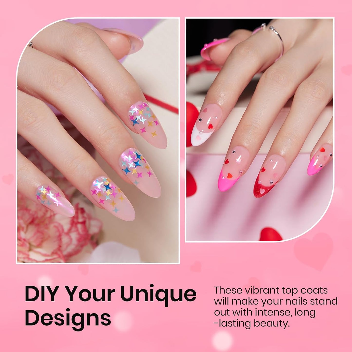 beetles Gel Polish 6Pcs Heart Star Reflective Glitter Gel Top Coat Set, Clear Pink Color Pastel Nail Polish No Wipe Top Coat Long Lasting Highly Shine Soak Off Uv Gel Art