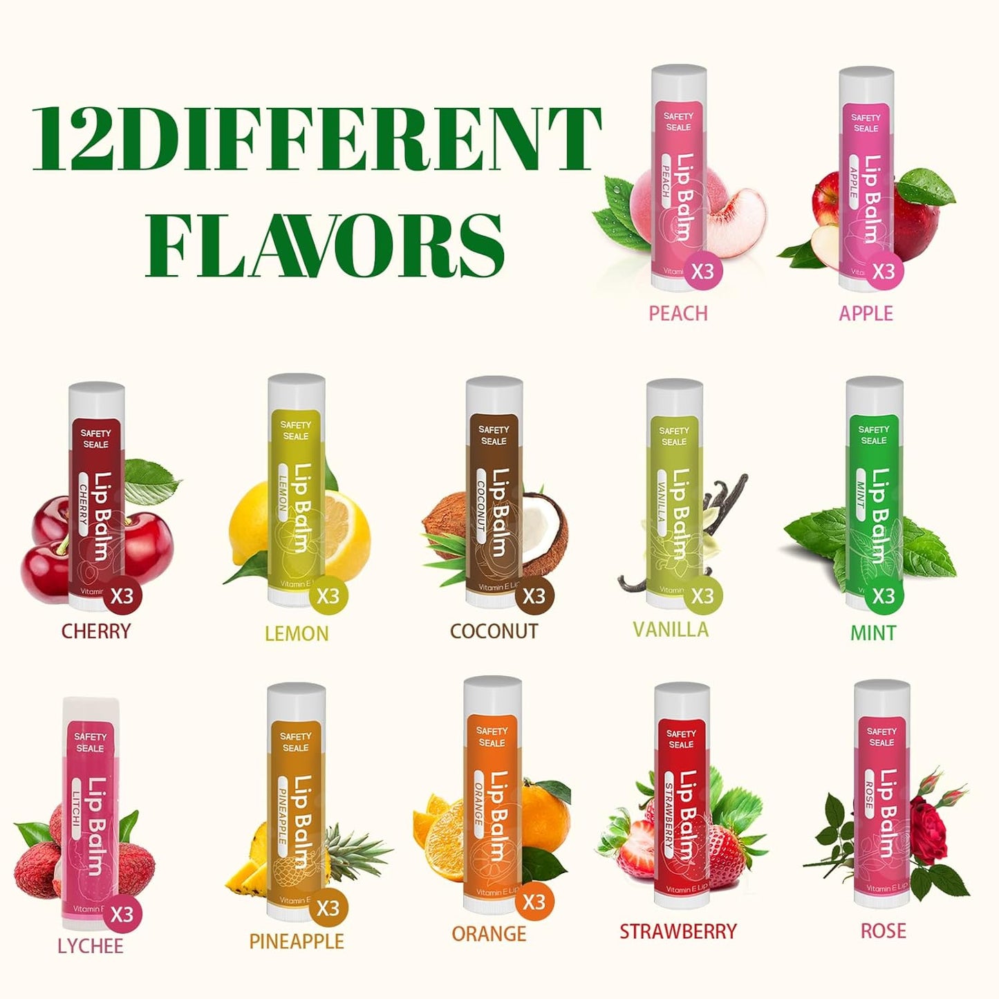 Yopela 36 Pack Natural Lip Balm Bulk with Vitamin E and Coconut Oil - Moisturizing, Soothing, and Repairing Dry and Chapped Lips Valentine's Gift- 12 Flavors - Non-GMO