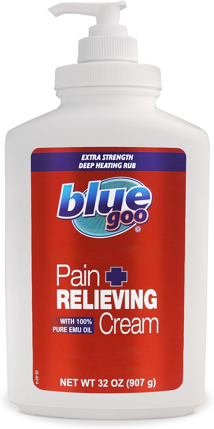 Blue Goo Pain Relieving Cream – for Back and Neck Pain, Sports-Related Muscle and Joint Pain, Sprains and Strains, Maximum Strength Deep Heating Rub, Made with 100% Pure Emu Oil, 32 oz (1 Pack)