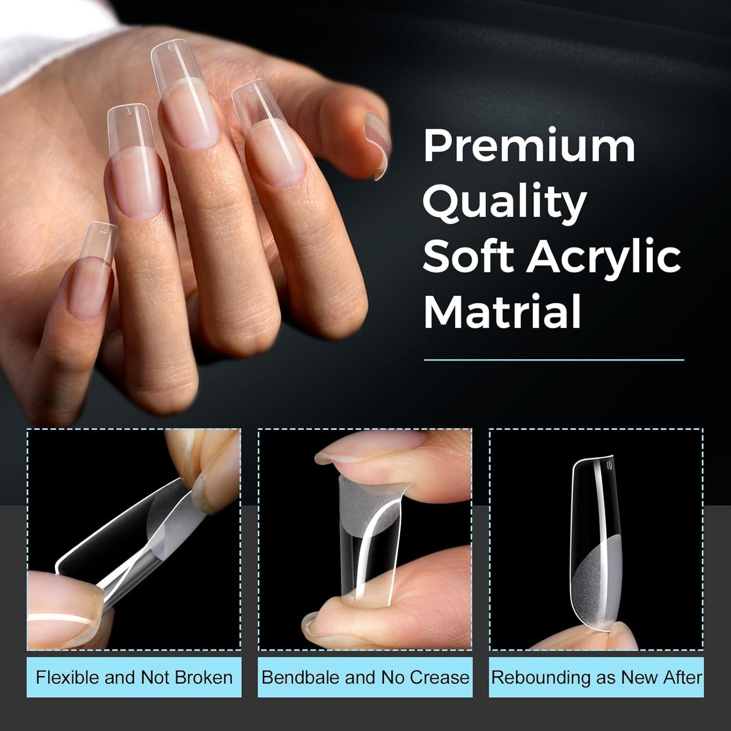 TOMICCA Medium Square Nail Tips Acrylic Nails 240Pcs Acrylic Nail Kit Pre-shape Full Cover Clear Nails Gel Nail Tips for Extension Nail Home DIY, 12 Sizes