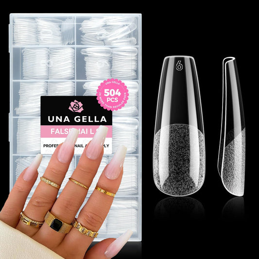 UNA GELLA Long Coffin Nail Tips, 504pcs Pre-Shape Fake Nails Half Matte Full Cover Acrylic Gel Nail Tips Clear Long Coffin Press On Nails Home DIY Extension 12 Sizes Gelly Tips