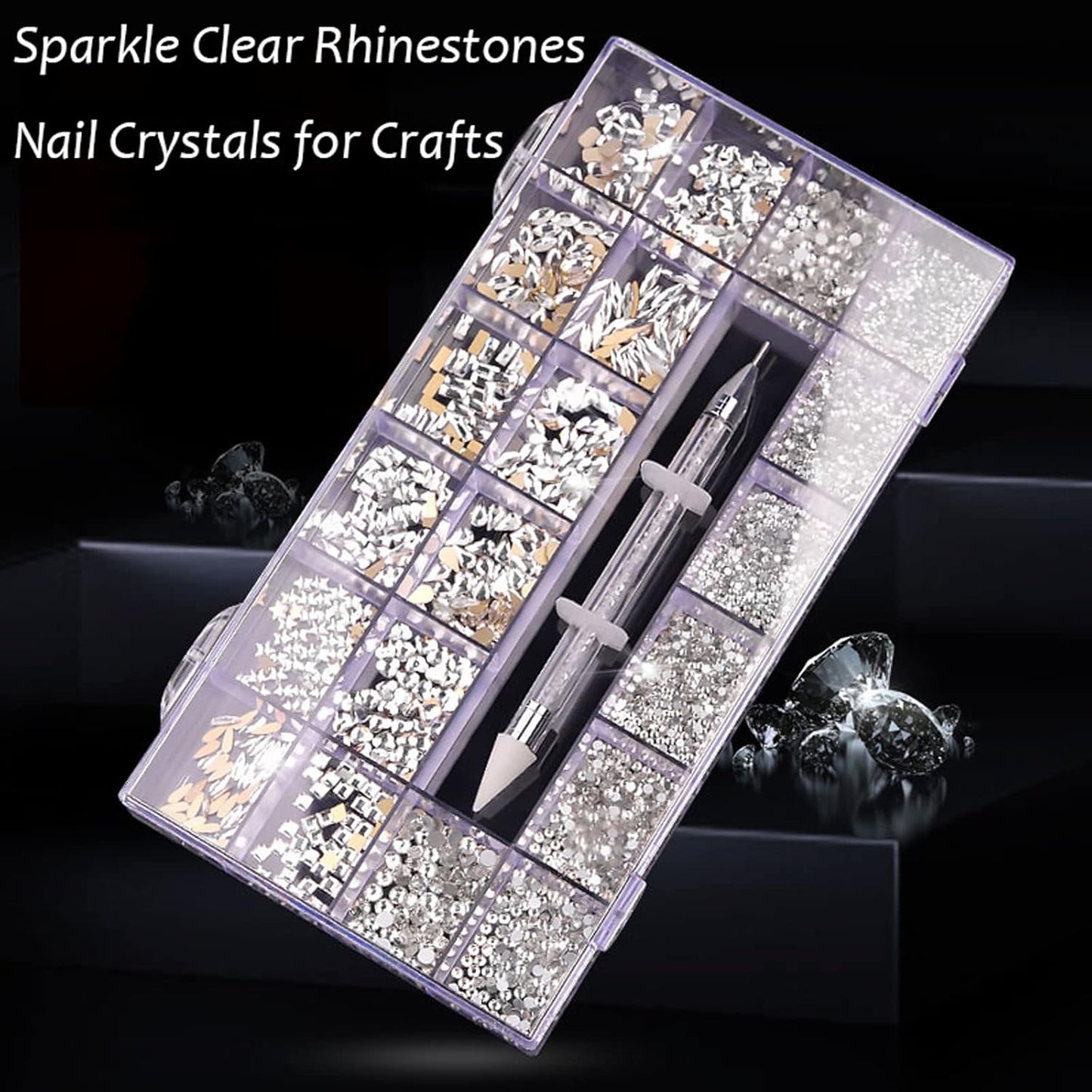 Nail Rhinestones Kit, Nail Art Decorations with Wax Pencil Flat AB Rhinestones Kit DIY Crafts Gemstones for Nail, Shoes, Clothes, Jewels (600 Gold diamonds + 2500 flat rhinestones)