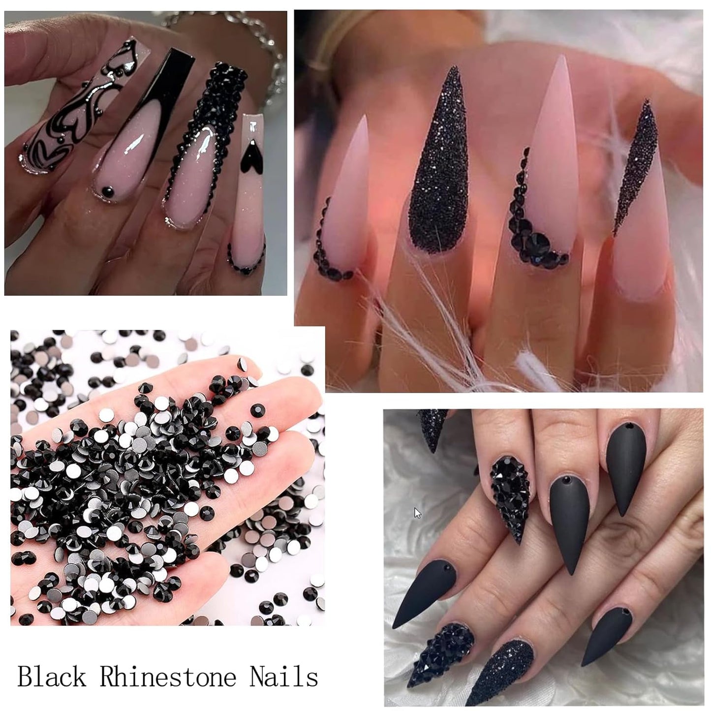 Nail Art Rhinestones with Glue Gel Flatback Nail Charms Luxurious Supplies Accessories Champagne Nails Gems Jewelry for Women Nails DIY Design Decoration,Black