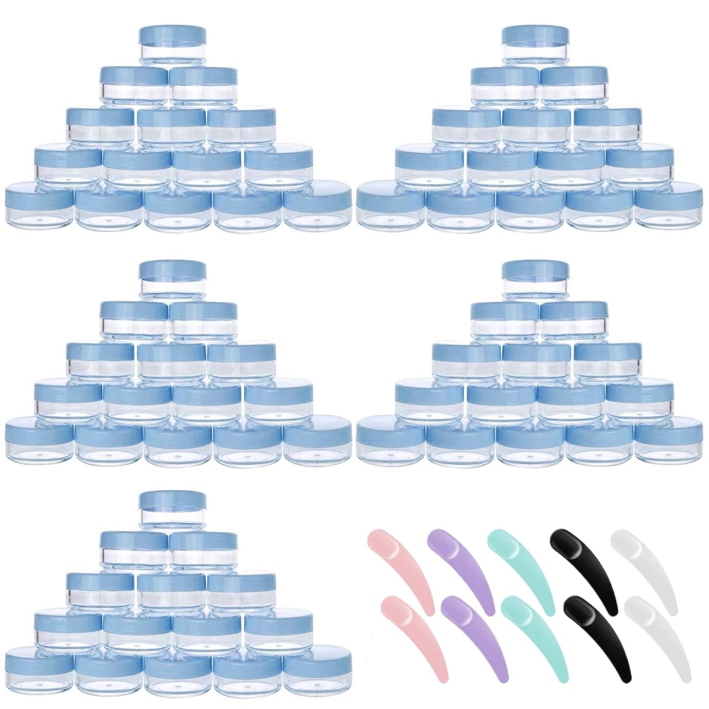 Refillable Cosmetic Sample Jars - 100 Pack 10g (0.35oz) Blue Small Travel Containers with Lids + 10 Mini Makeup Spatulas - BPA Free