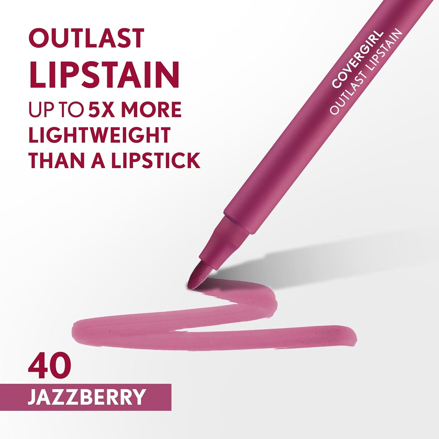 COVERGIRL Outlast, 40 Jazzberry, Lipstain, Smooth Application, Precise Pen-Like Tip, Transfer-Proof, Satin Stained Finish, Vegan Formula, 0.06oz