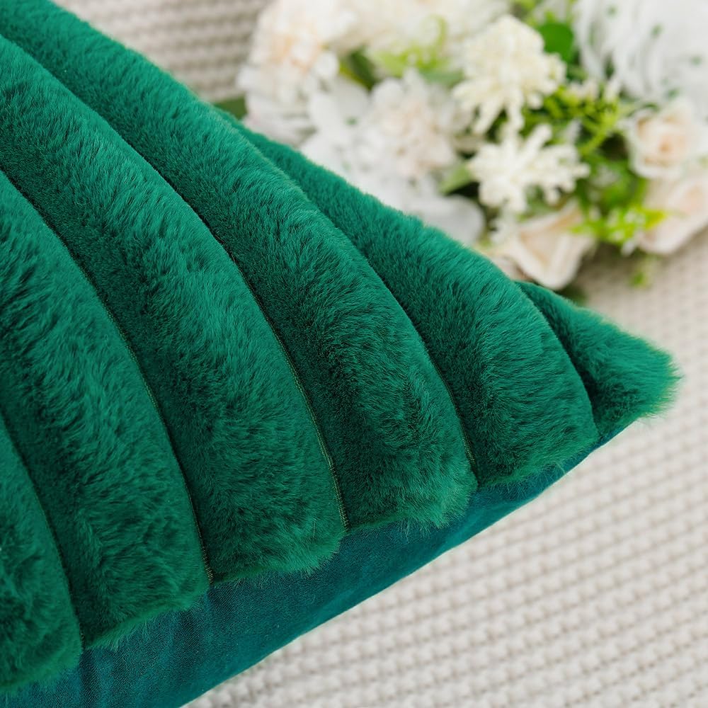 MADIZZ Set of 2 Faux Wool Plush Decorative Throw Pillow Covers 18x18 Inch Green Fluffy Striped Soft Decorative Cushion Cover for Sofa Bedroom Pillow Shell
