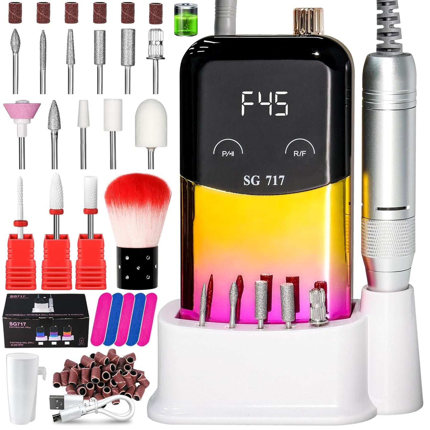 Professional Electric Nail Drill Machine,45000RPM Portable Rechargeable Efile Nail Drill Cordless,Electric Nail File Kit for Women (Gradient Yellow)