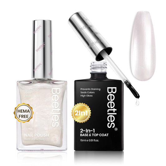 Beetles Pearl White Nail Polish and 2 in 1 Base & Top Coat Set, Fast Drying & Natural Nail Strengthen, Nail Lacquer Shimmer-Like Pearlescent Sheen, No UV Lamp Needed for DIY Nail Art Gifts for Women