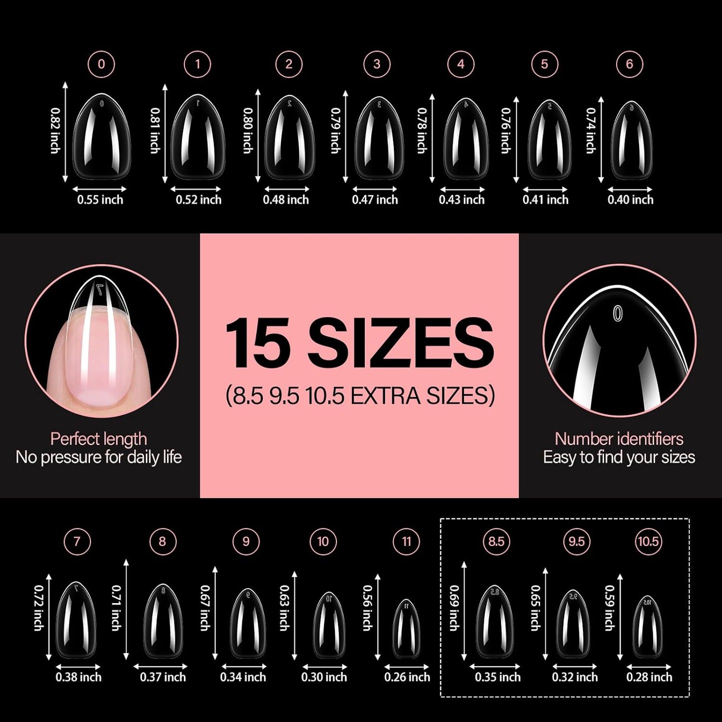 AILLSA Short Almond Nail Tips, 15 Sizes 240PCS Preshaped Soft Clear Gel Nails Tips Full Cover False Nails Tip Short Almond Shaped Tips