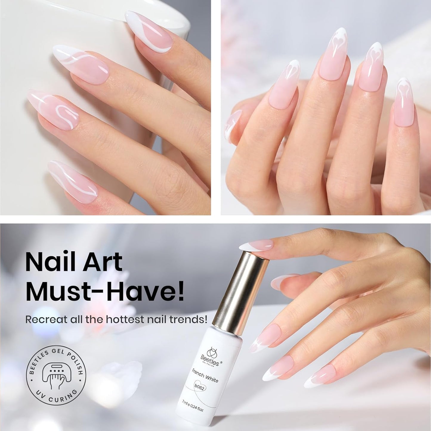 Beetles White Gel Liner Nail Polish 7ml French Tip Gel Polish White Nail Art Painting for Thin Line Nails Design Nails Stuff Soak off Uv Lamp Manicure Salon Gifts for Women