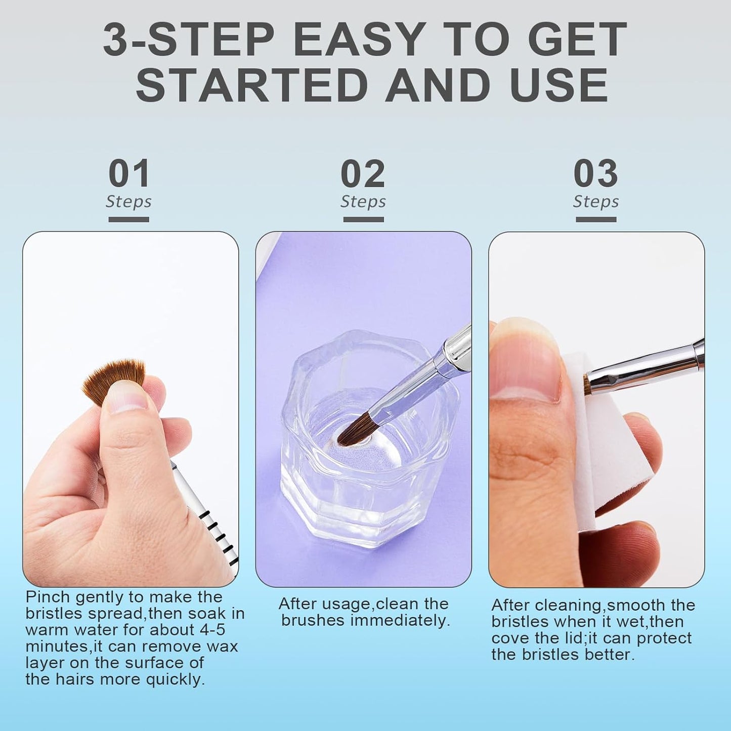 3Pcs 3D Nail Brushes Set Size 2 4 5, Kolinsky Hair Acrylic Flower Nail Art Brush, Art Design & Polish Mistake Cleaning Manicure Tools for Women Acrylic Application, Silver