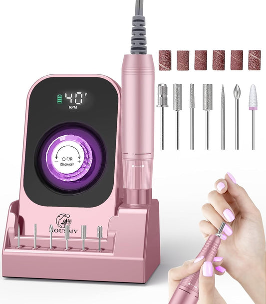 Portable Electric Nail Drill File: 40000RPM Professional Rechargeable Nail E-File Machine, Cordless Nail Drill with Bits & Base for Acrylic Nails Remove Nail Gel Polish Manicure for Salon Home
