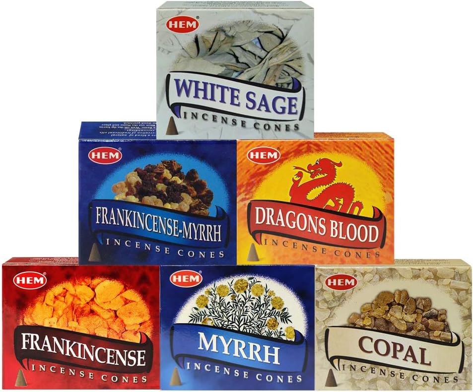 Hem Incense Cones Variety Pack #4 and Inscents-Cones Burner Holder with 6 Most Popular Fragrances - Dragons Blood, Frankincense, Myrrh - Total 60 Scented Cone Incense (6 Scents x 10 Conos)