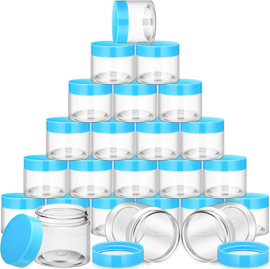 SATINIOR 24 Pieces Empty Clear Plastic Jars with Lids Round Storage Containers Wide Mouth for Beauty Product Cosmetic Cream Lotion Liquid Butter Craft and Food(Blue Lid,2 oz)