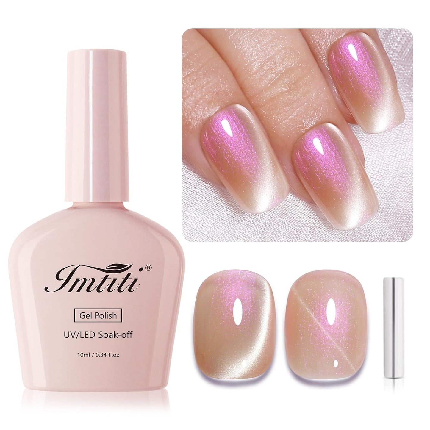 Imtiti Aurora Cat Eye Gel Polish, Pearl Nude Pink Holographic Glitter Magnetic UV Soak Off Gel Nail Polish (0.34 Fl Oz-995)