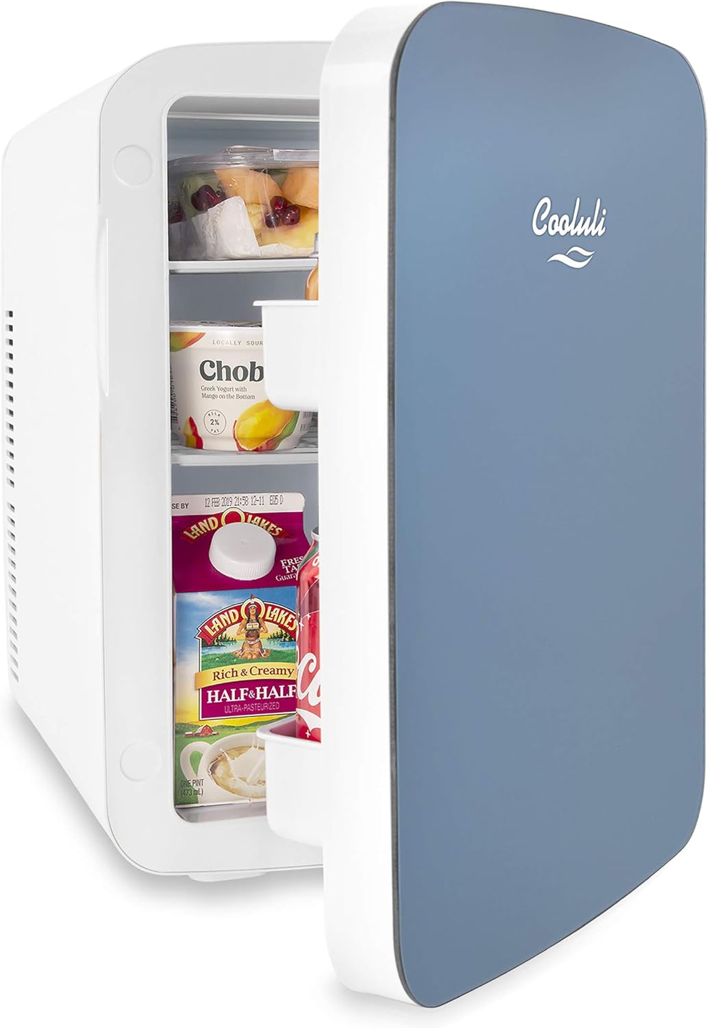 Cooluli 15L Mini Fridge for Bedroom - Car, Office Desk & College Dorm Room - 12v Portable Cooler & Warmer for Food, Drinks, Skincare, Beauty & Makeup - AC/DC Small Refrigerator with Glass Front, Blue,15 Liter