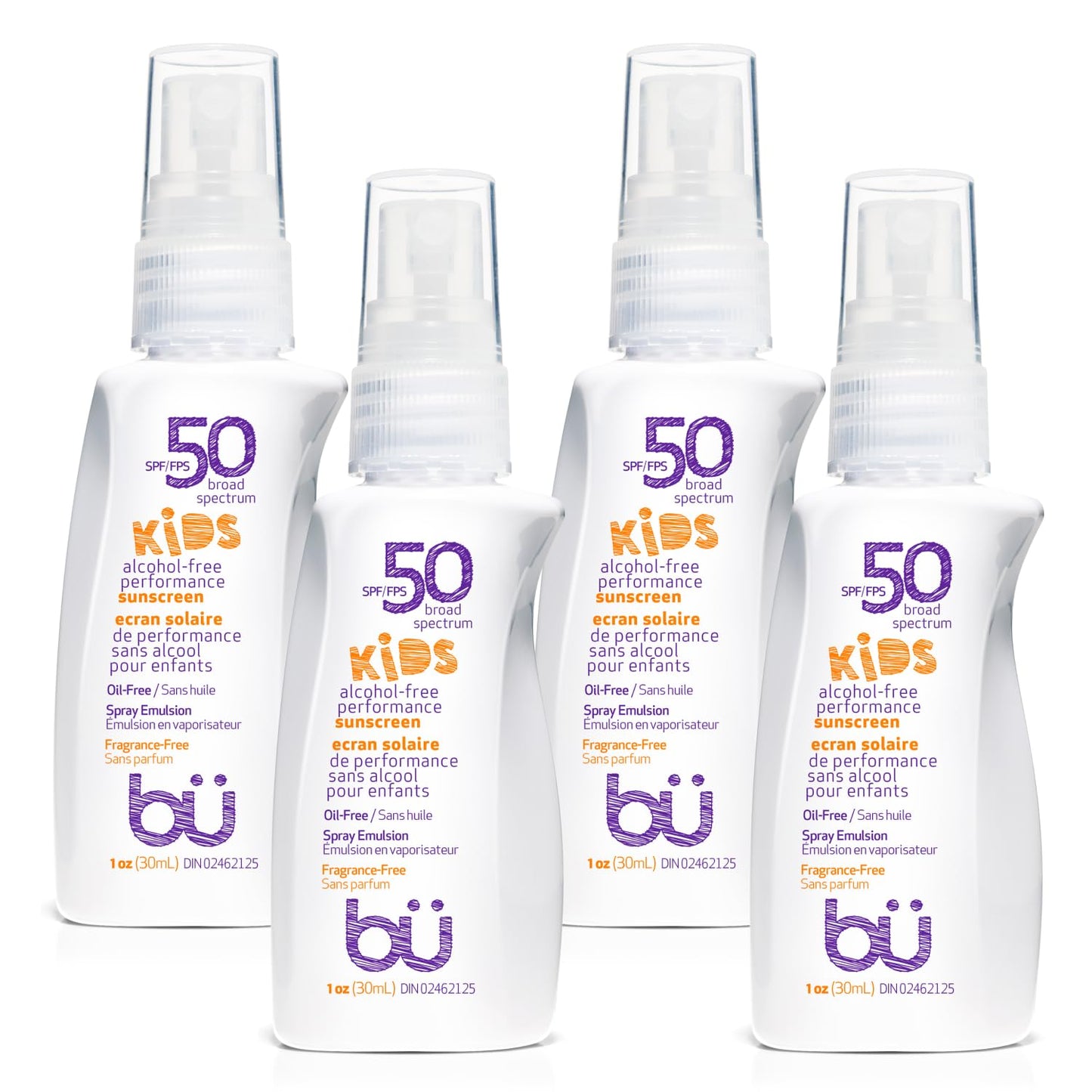 BU SPF 50 Fragrance Free Kids Sunscreen Spray for Face and Body, TSA Travel Size Sunscreen, Clear Non Aeorsol Spray, Non Greasy, Water Resistant and Oil Free, 1 oz (4-pack)