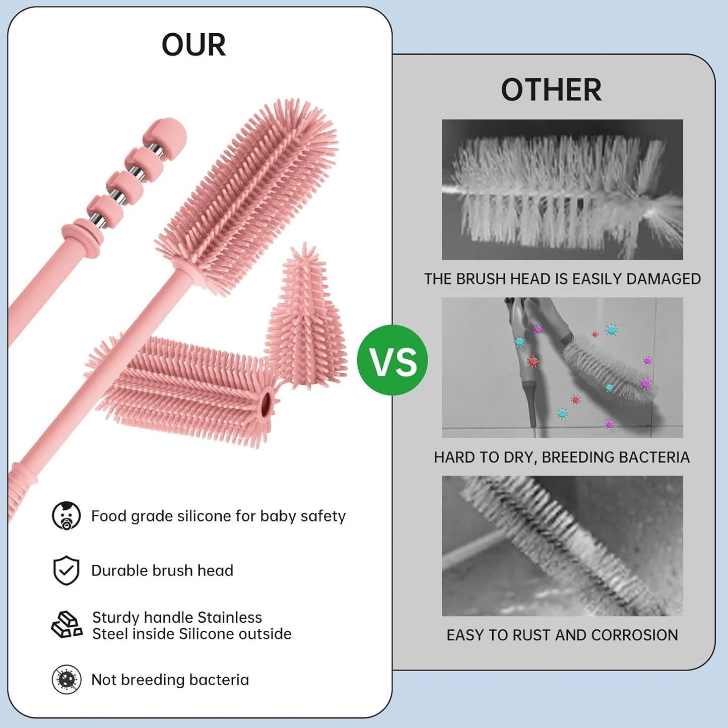 Baby Bottle Brush and Straw Cleaner Brush Set, Extra Long Double-Ended Soft Silicone Brush Cleaner for Baby Bottles, Water Bottles, Cups, Breast Pumps, Detachable & Hangable