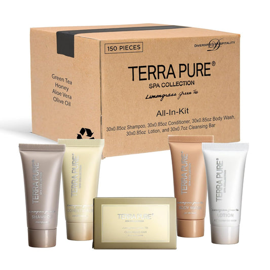 Terra Pure Spa Collection Bulk Set Toiletries | 1-Shoppe All-In-Kit Amenities for Hotels & Airbnb | 0.85 oz Hotel Shampoo & Conditioner, Body Wash, Lotion & Cleansing Bar Travel Size Tubes| 150 Pieces