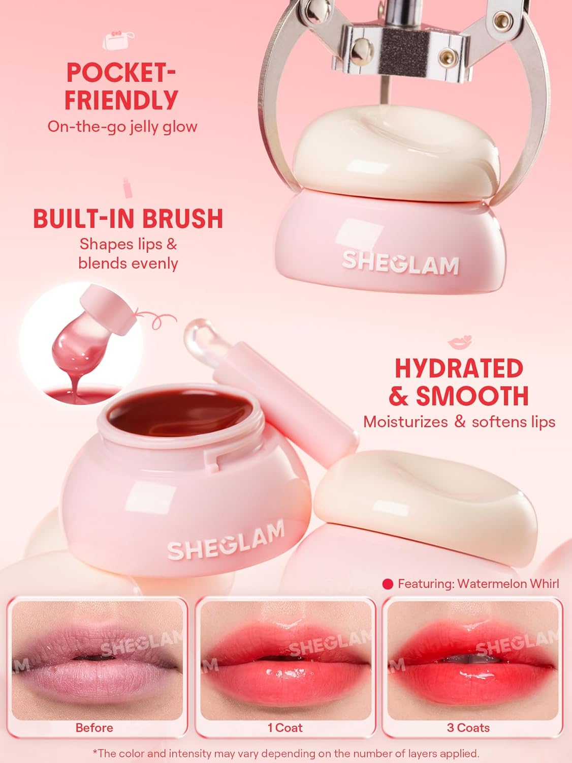 SHEGLAM Hydra Jelly Pocket Lip Jam Hydrating Nourishing Lip Gloss Moisturizing Lip Makeup-Watermelon Whirl