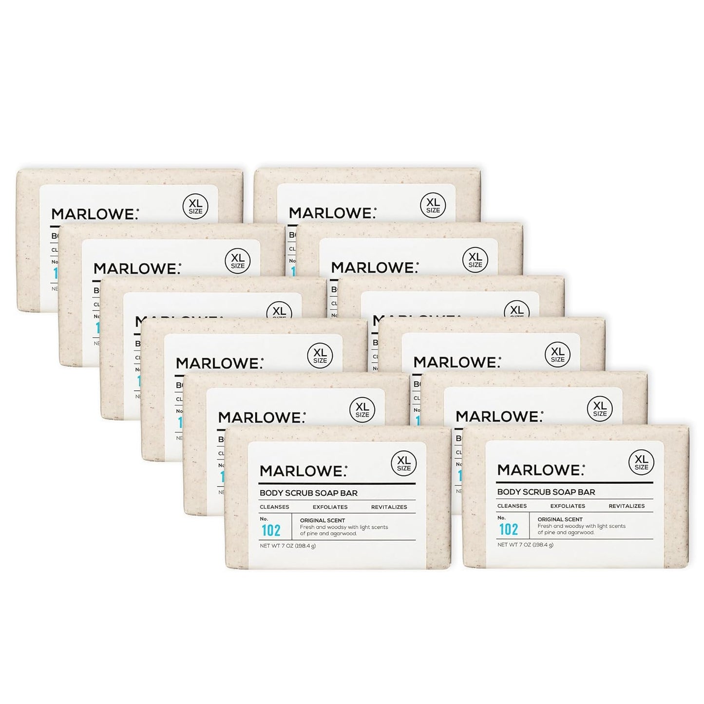 MARLOWE. No. 102 Body Scrub Soap 7 oz (12 Bars), Exfoliating Soap Bar with Shea Butter, Olive Oil & Green Tea Extracts, Cleanses, Smooths & Revitalizes Skin, Original Sage & Fir Scent