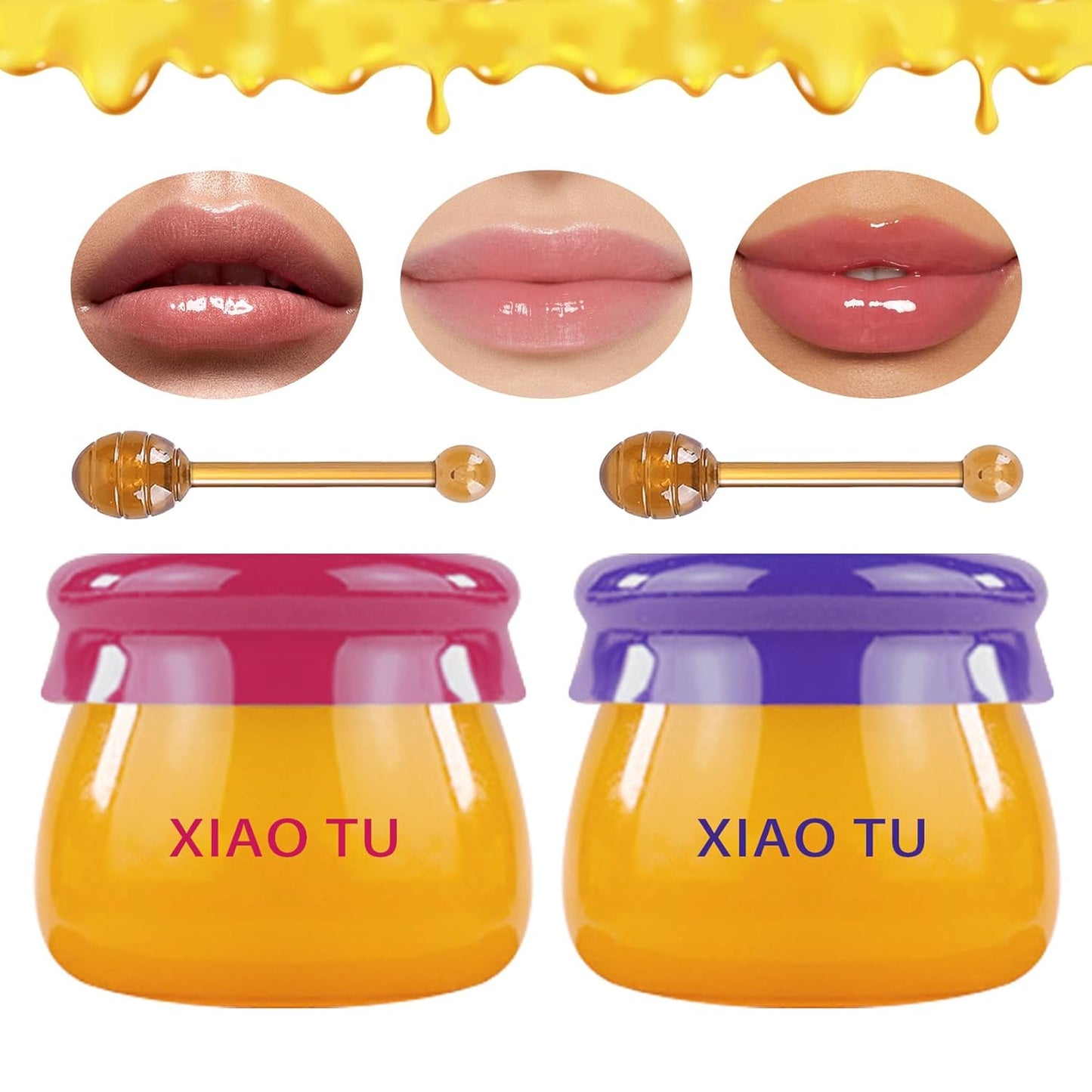 2PCS Lip Balm Honey Pot,Moisturizing Lip Sleep Mask,Prevention Dry and Cracked Overnight Sleeping Lip Mask with Brush,Reduces Lip Lines Long Lasting Hydrating Lip Care Scrubs Exfoliator
