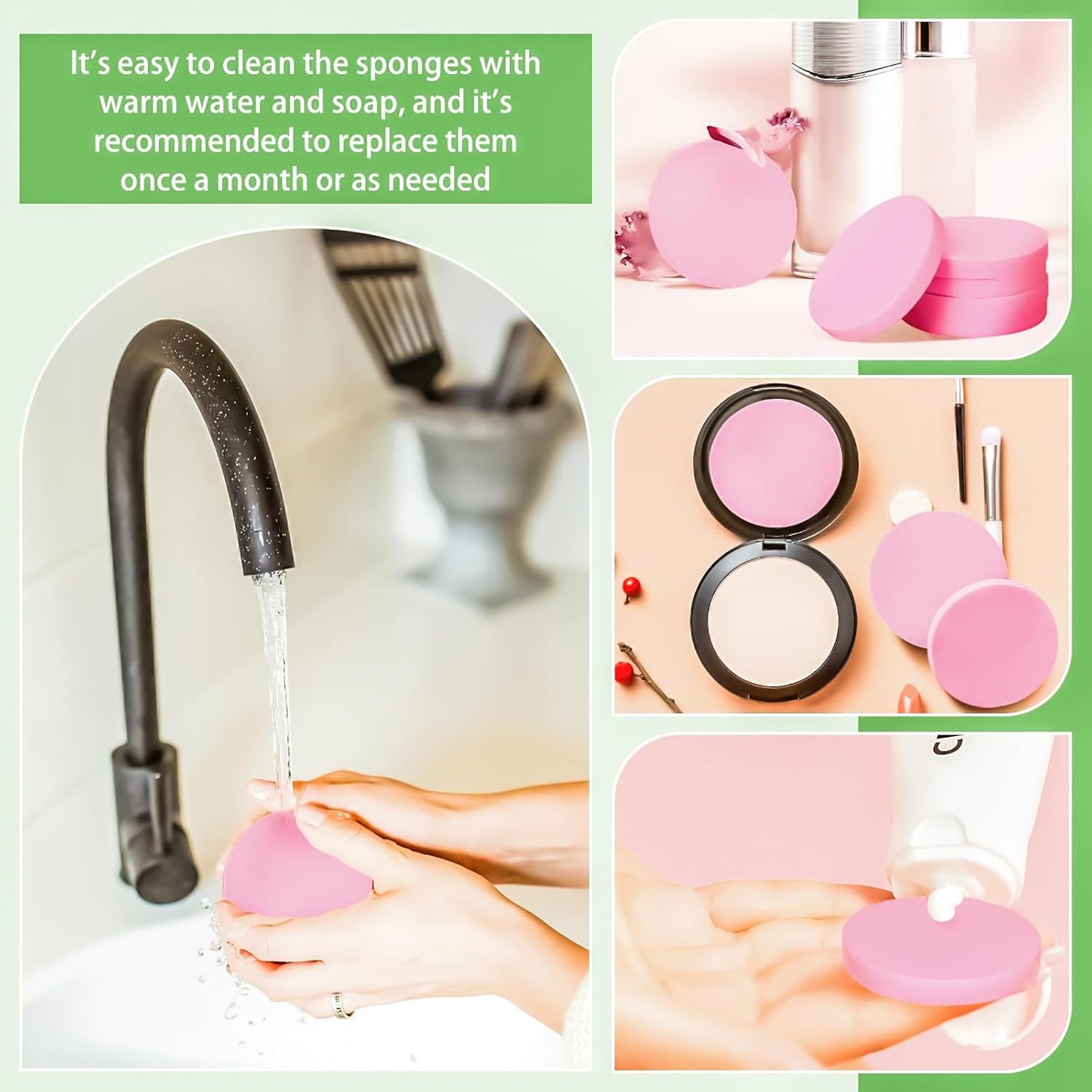 MotBach 60 PCS Pink Round Makeup Sponge, Cosmetic Sponge Round Foam Pad Eye Facial Powder Puff, Beauty Makeup Foundation Powder Blender for Women Lady All Skin Types Wet and Dry Dual Use