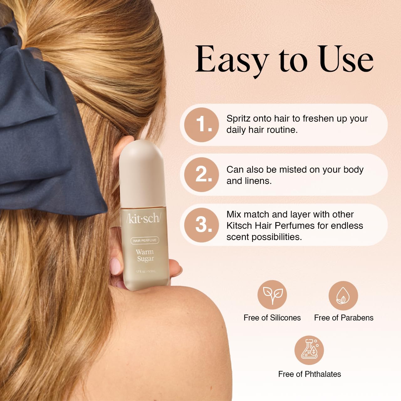 Kitsch Hair Perfume for Women - Warm Sugar | Clean, Deodorizing & Patented Odor-Eliminating Technology Hair Spray & Body Mist - Freshen Hair, Body & Pillows - Pink Grapefruit & Vanilla Scent - 50mL