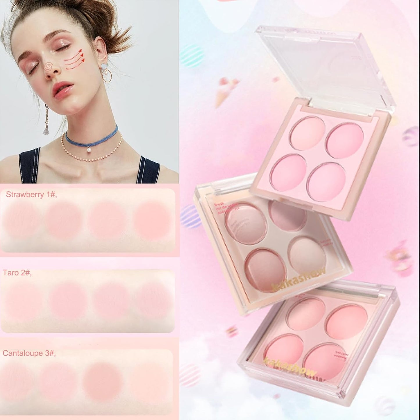Matte Blush Powder Palette, Blending Mood Cheek, 4 Blendable Shades Korean Fairy Pink Blusher in Lightweight Smooth Powder, Vegan Makeup (Taro 2#, 1.84 ounces)