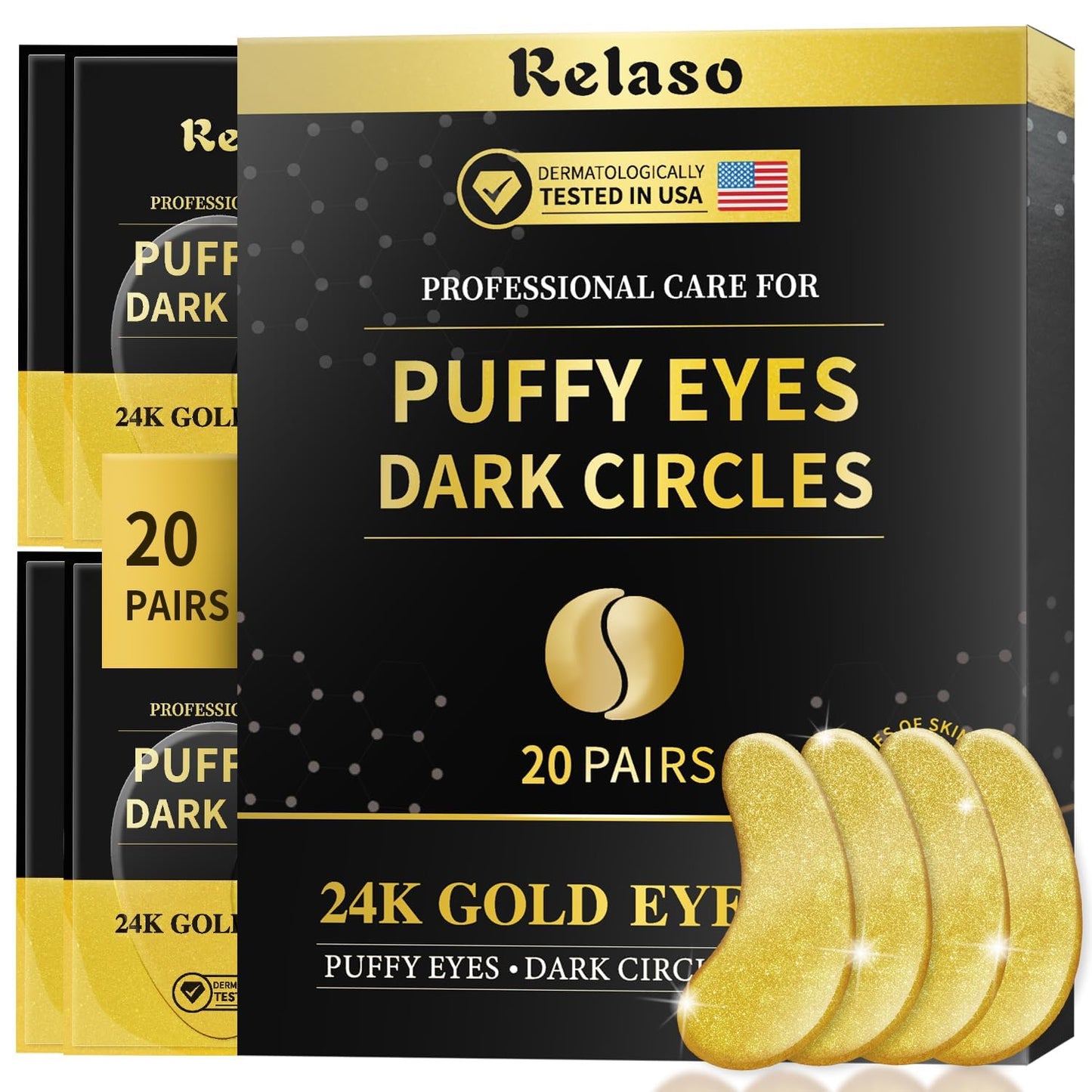 Under Eye Patches, Dermatology Golden Eye Mask with Amino Acid & Collagen, Cooling Eye Care for Wrinkles, Puffy Eyes & Dark Circles, Skincare Treatment for Men & Women, USA Tested, 20 Pairs