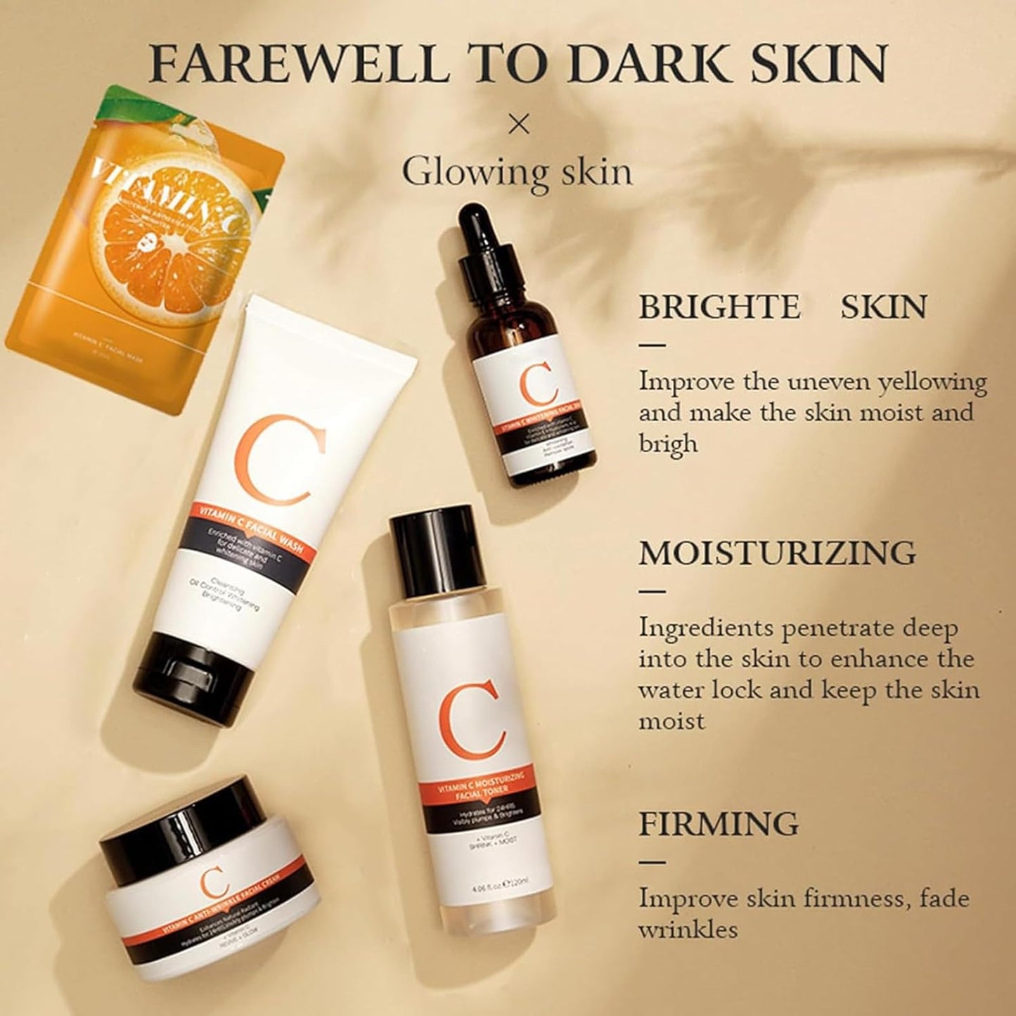 Vitamin C Skin Care Sets, 6Pcs Skin Care Products Set, Skin Care Gift Set for Women Girls, Hydrating Skincare Routine Set, Face Care Kit Includes Cleanser, Mask, Face Serum, Toner, Cream