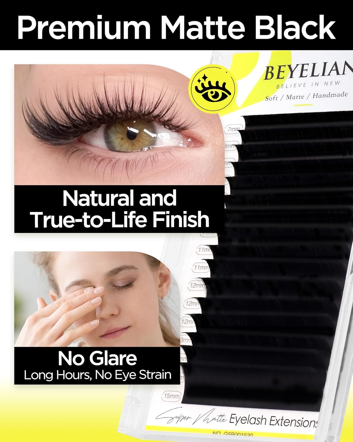 BEYELIAN Eyelash Extension Natural Matte Black 0.15 D+ Curl 7-15mm Mixed Tray Easy Fan Lash Extensions Volume Lashes Professional Use (0.15 D+ 7-15mm Mix)