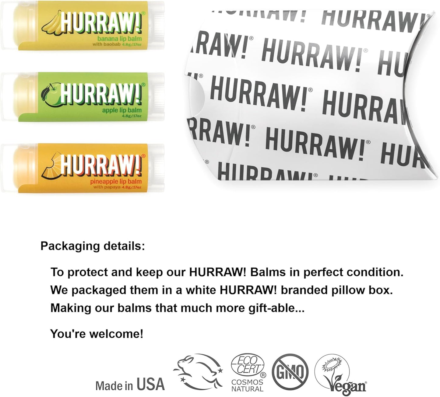 Hurraw! Banana, Apple, Pineapple Lip Balms, 3 Pack Bundle: Organic, Certified Vegan, Cruelty and Gluten Free. Non-GMO, 100% Natural. Bee, Shea, Soy & Palm Free. Made in USA