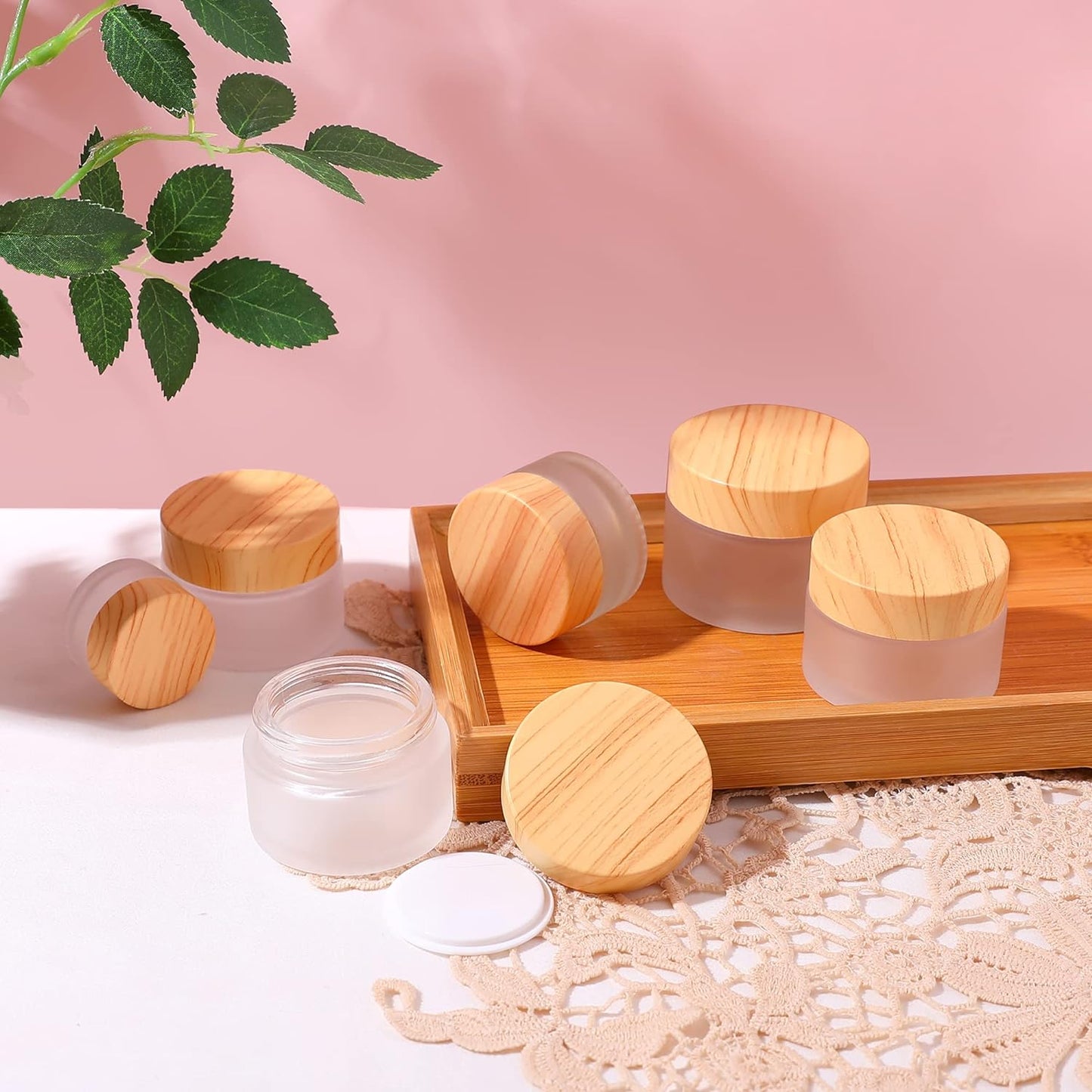 50 Gram/ml Glass Cosmetic Containers with lids，Round Frosted Cosmetic Jars with Leakproof lids,Small Empty Glass Sample Jars for Makeup Lip Scrub Balm Lotions Sample Eye Creams DIY (4 PACK 50ML)