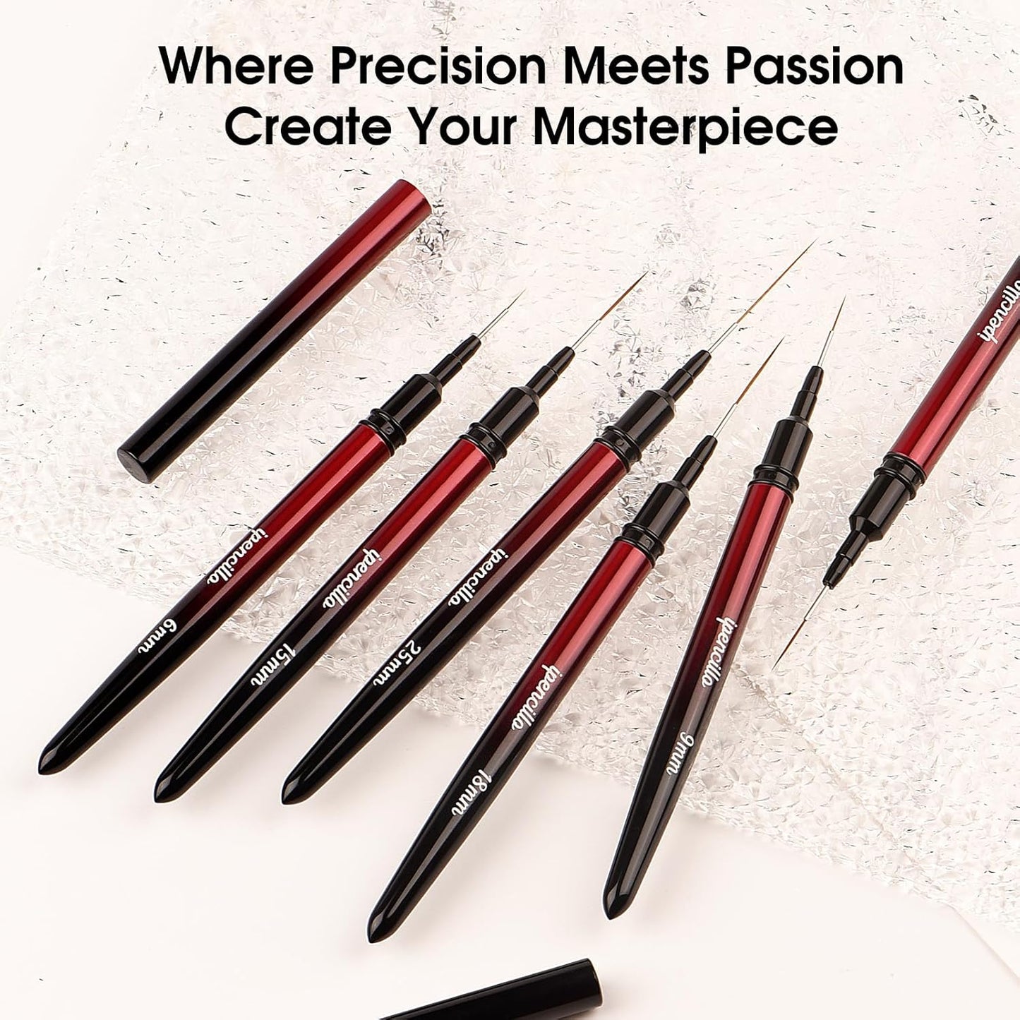 Nail Art Brushes, 6 Pcs Nail Liner Brushes for Nails, Nail Brushes for Nail Art Lines, Details, Edge and Plaid, Nail Art Brushes with Cap, Thin Liner Brushes Sizes 6/9/12/15/18/25 mm, Black