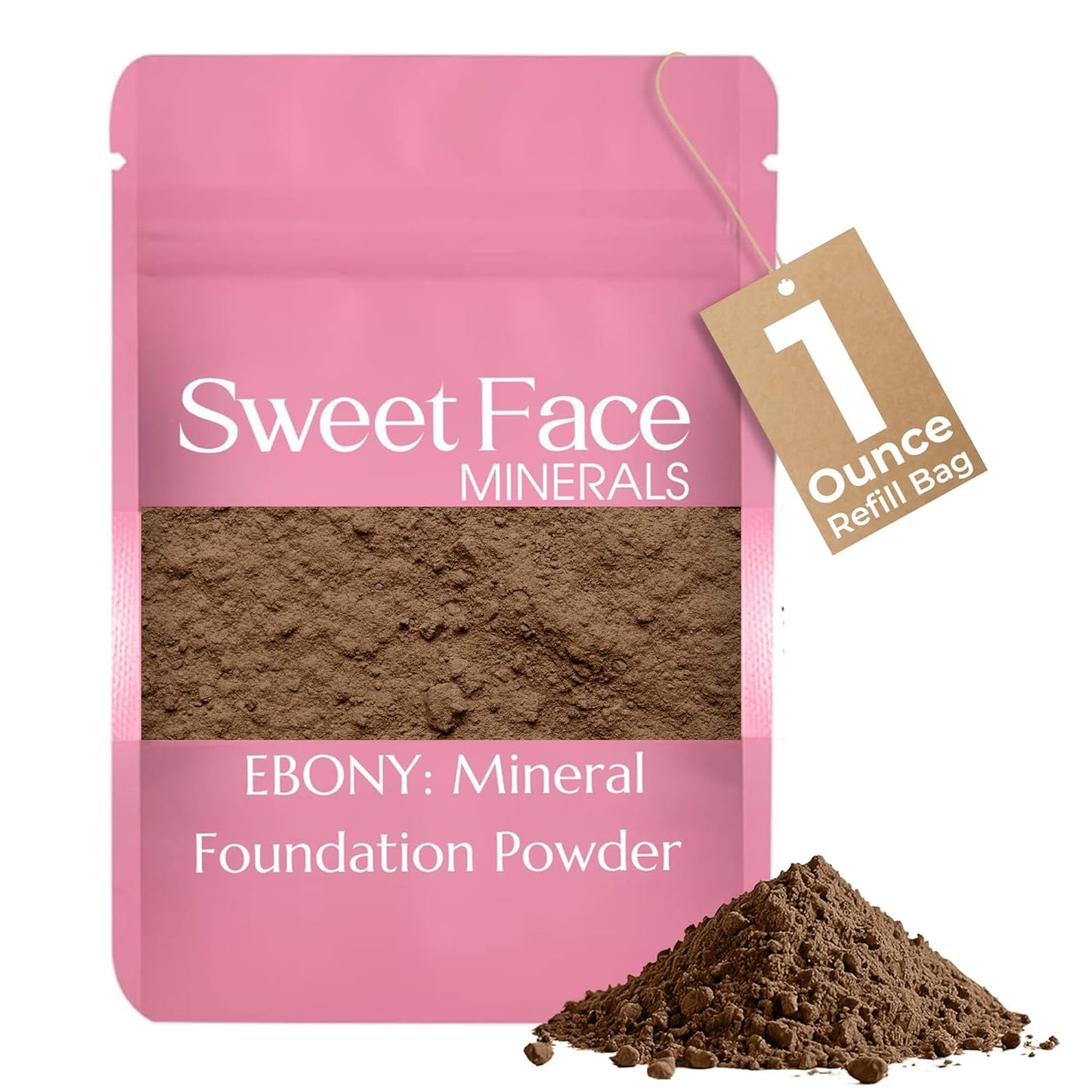 Foundation Powder Refill (EBONY) (1 Ounce Bag) By Sweet Face Minerals, Lightweight Mineral Loose Makeup Powder with SPF 20, Full Coverage Flawless Finish, Talc-free, Cruelty-Free, Refillable Pouch