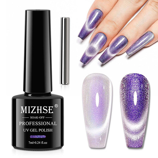MIZHSE Cat Eye Gel Nail Polish, Aurora Purple Magnetic Gel Polish with Magnet Stick, Shiny Glitter Cateye Nail Gel Soak Off Nail Art Manicure Home