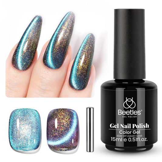 Beetles Cat Eye Gel Polish, 15ML Blue Purple Cat Eye 9D Holographic Glitter Magnetic Gel Nail Polish Rainbow Color Soak Off UV Mermaid Tears Series French Nail Art Manicure Gift for Women