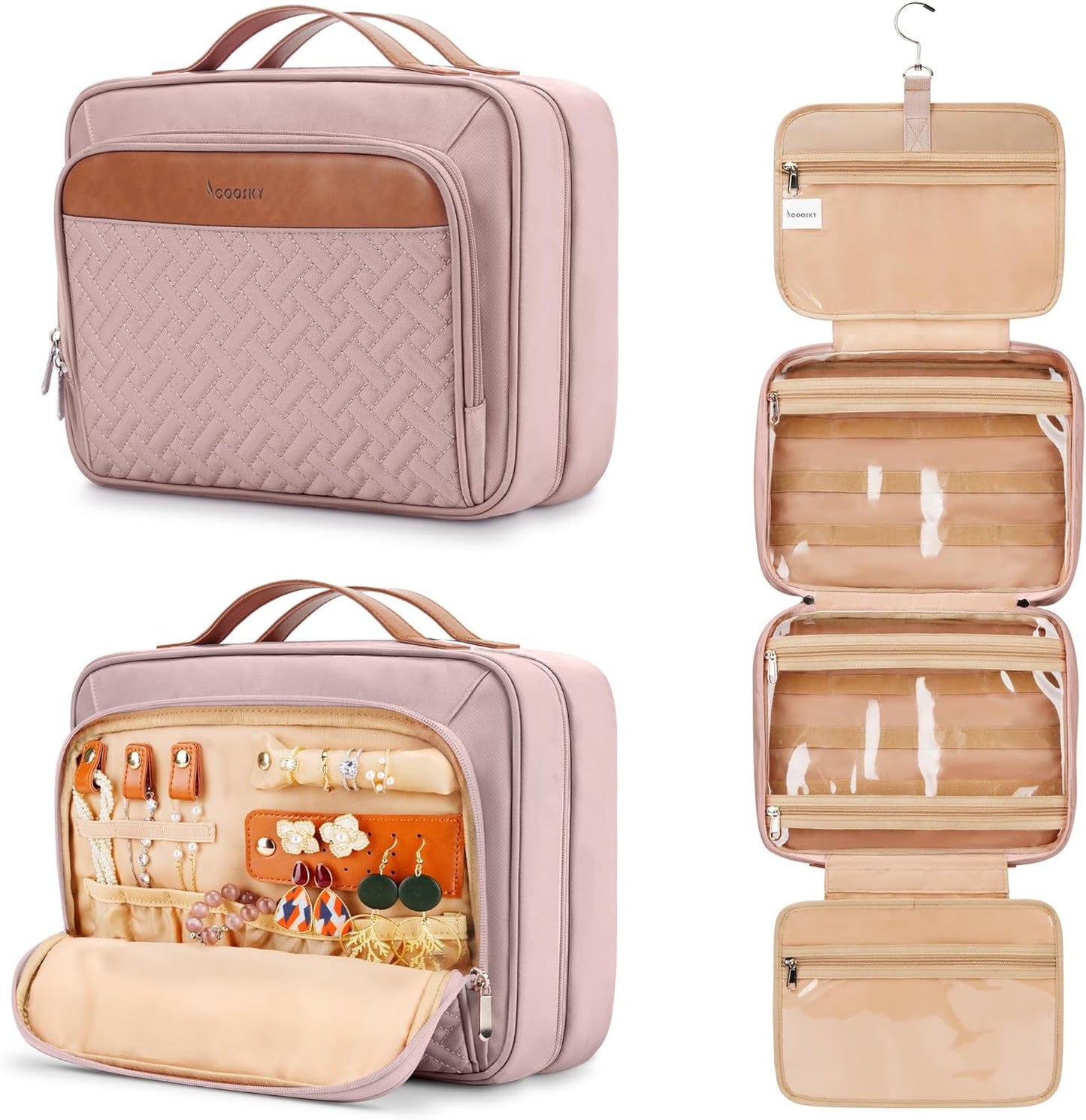 Travel Hanging Toiletry Bag for Women, with Jewelry Organizer Compartment, Medium Waterproof Hanging Makeup Accessories, Cosmetic Essentials, Toiletries Dopp Kit Set with Trolley Belt, Baby Pink
