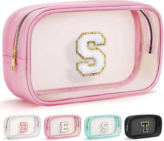 YOOLIFE Initial Birthday Gifts for Girls Kids Clear Makeup Bag Preppy Cosmetic Bags Organizer Travel Essentials Pink Gifts for Girls Teen Girlfriend Teacher Kids Birthday Gift Preppy Stuff M
