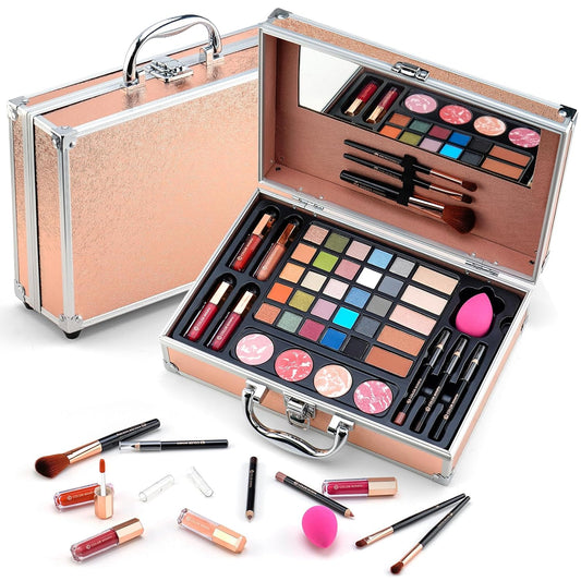 Makeup Kit for Women,All in One Makeup Gift Set for Girls in Cosmetic Train Case (Gold) With Mirror,Full Starter Cosmetic Kit Includes Eyeshadow Palette,Lipgloss,Blushes
