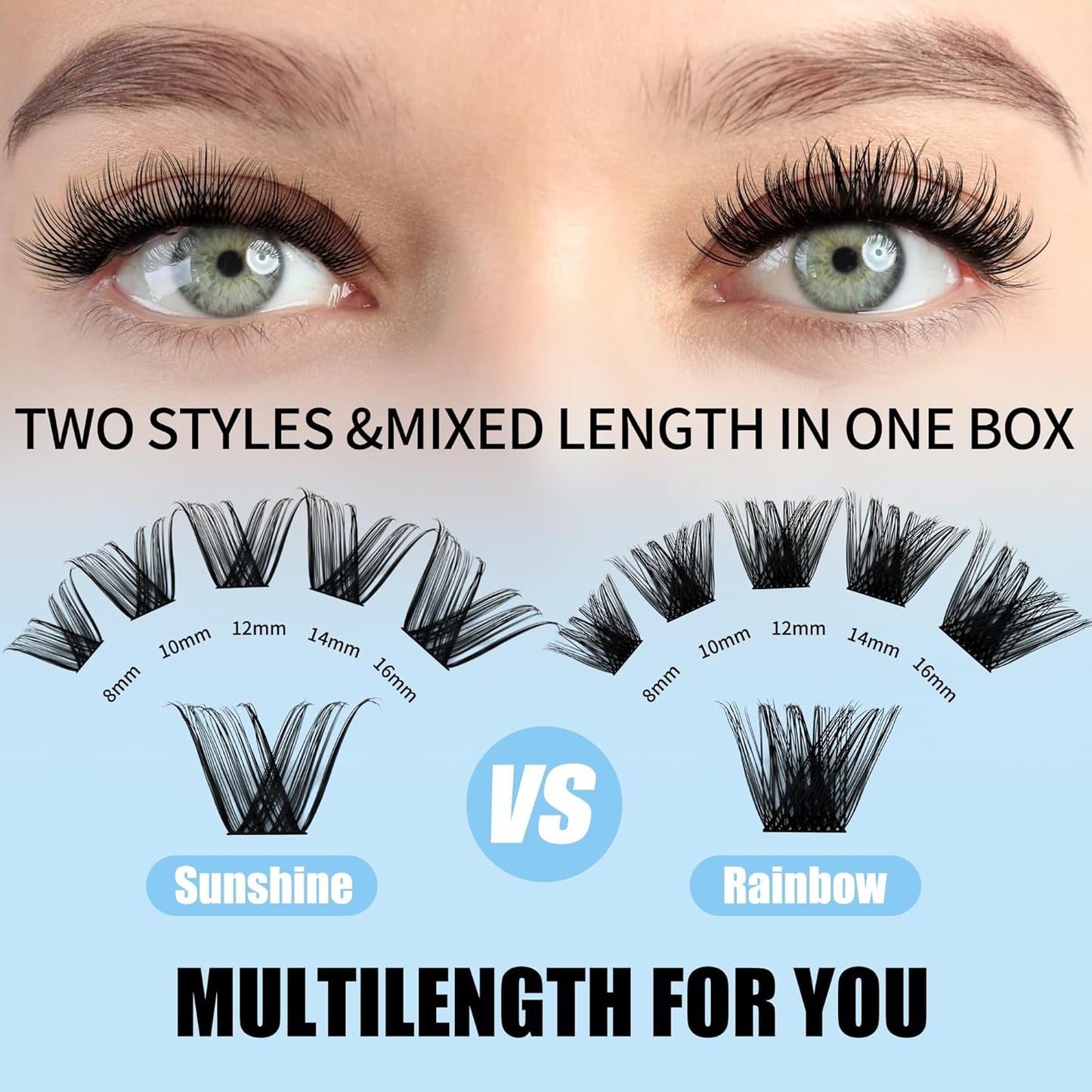 Lash Clusters GEMERRY Cluster Lashes 150 PCS Individual Lashes Two Styles Eyelash Clusters Wide Stem Soft Fluffy Cluster Eyelash Extensions DIY at Home (Sunshine/Rainbow-0.07-D-8-16MIX)