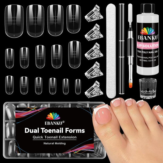 EBANKU Poly Gel Nail Forms Kit for Toes - 150PCS Reusable Dual Toenail Forms for Builder Gel, Toe Nail Kit with 2.5oz Slip Solution, Brush, File, 5PCS Clips - 15 Sizes