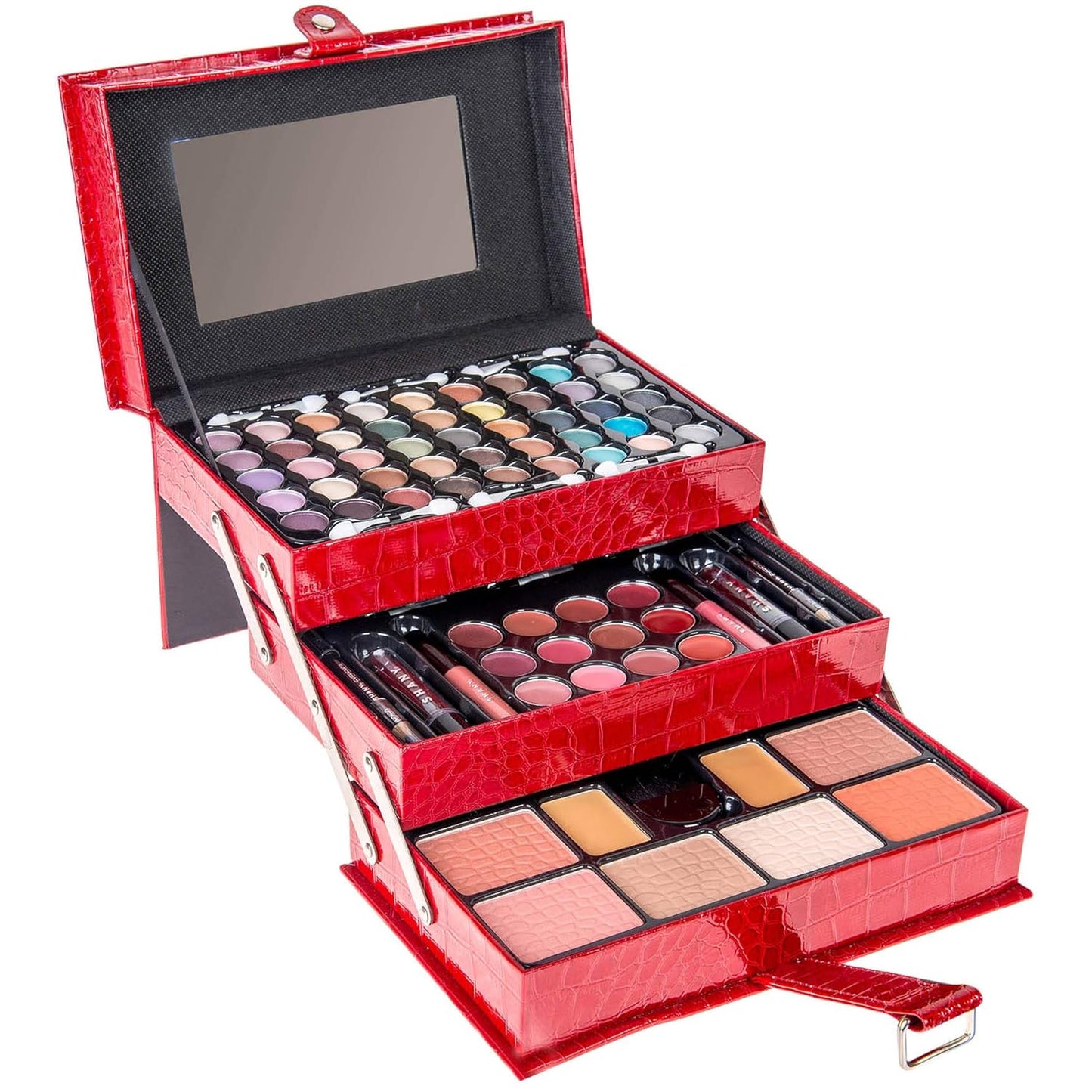 SHANY All In One Makeup Kit (Eyeshadow, Blushes, Face Powder, Lipstick, Eye liners, Makeup Pencils and Makeup Mirror - Makeup Set With Reusable Makeup Storage Box - Red