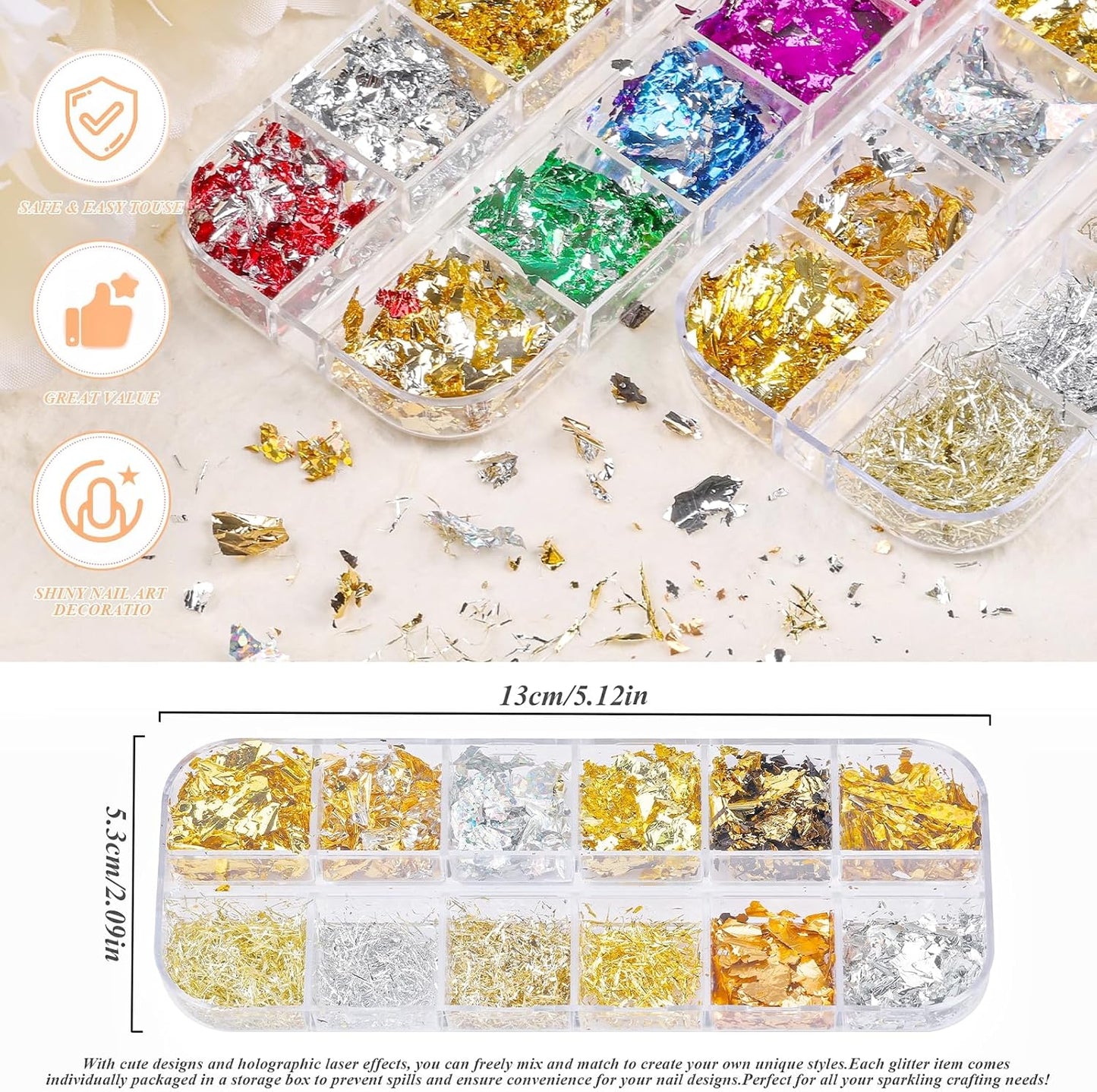 5 Boxes 60 Colors Holographic Nail Glitter Foils Kit, Nail Foil Flakes Laser, 3D Irregular Thin Foil Nail Art Flakes Design Nail Sequins Supplies for Manicure Body Makeup Craft DIY